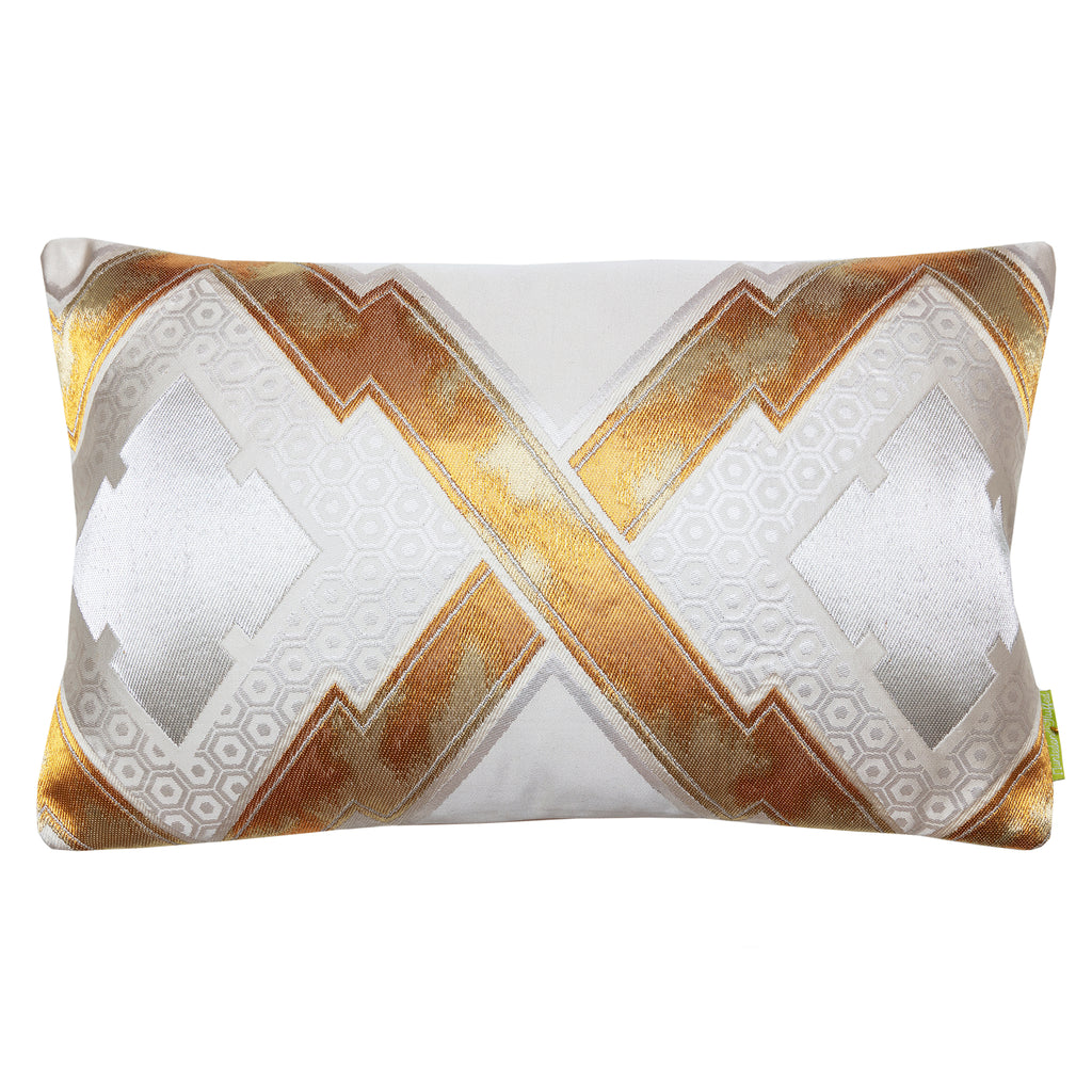 Cream Silk Cushion with Gold Embroidery, Upcycled Japanese Obi Pillow, Metallic Geometric design, plush texture, decorative