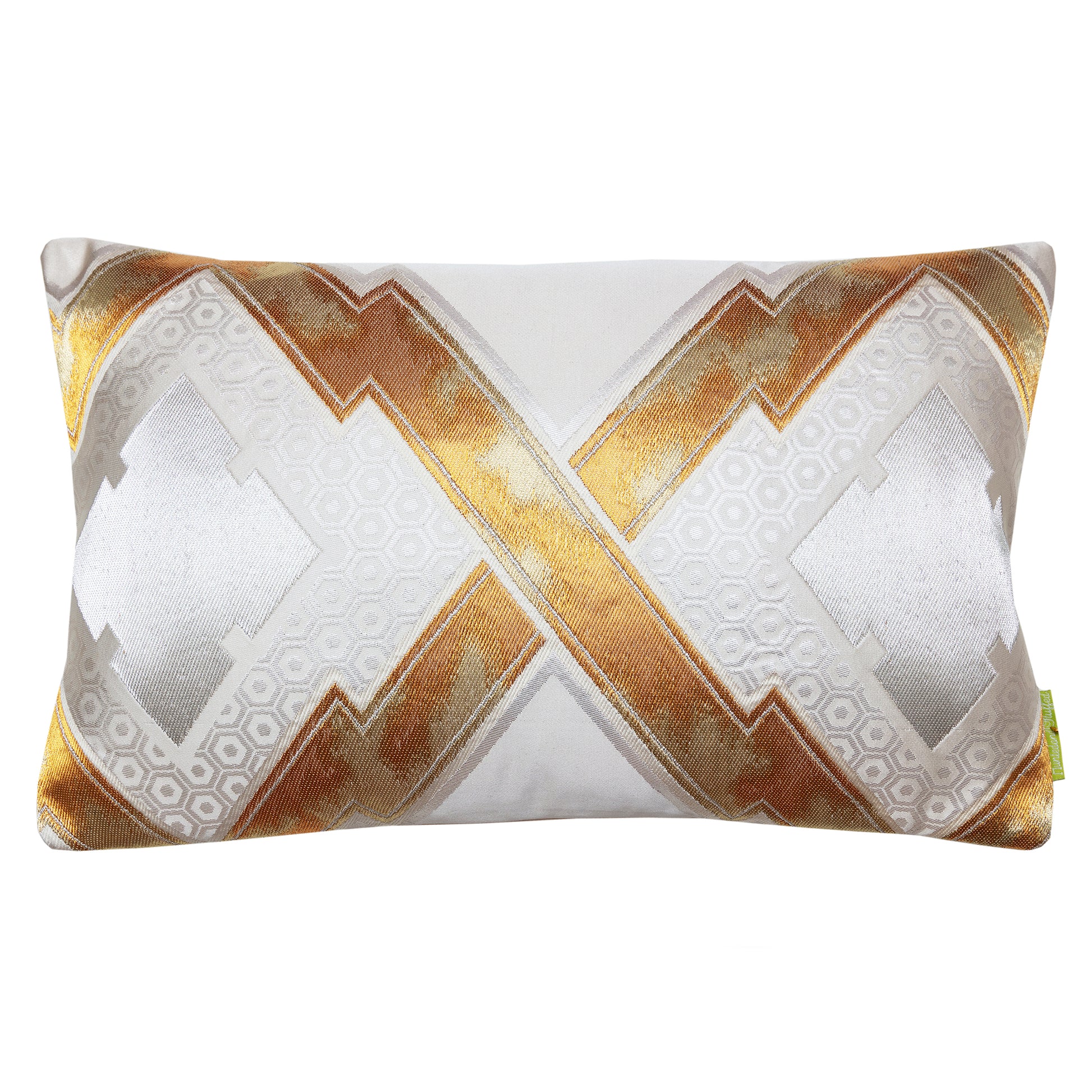Cream silk cushion with gold embroidery made from vintage japanese obi silk