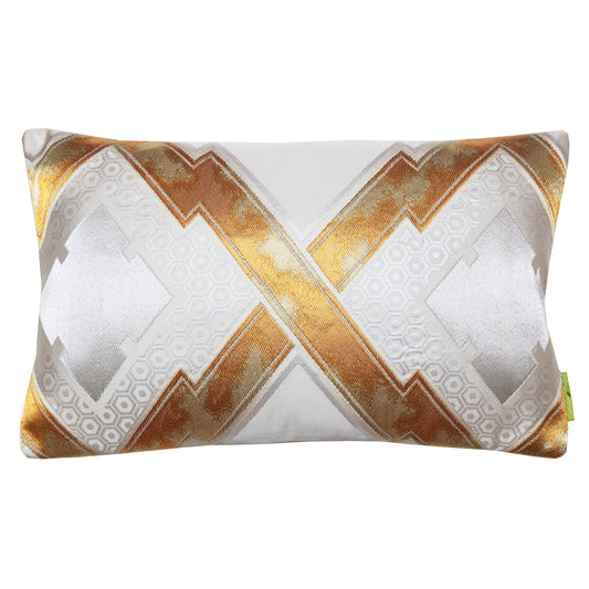 Cream silk cushion with gold embroidery made from vintage japanese obi silk