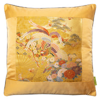 Square gold silk cushion with golden pheasant design and gold edges.