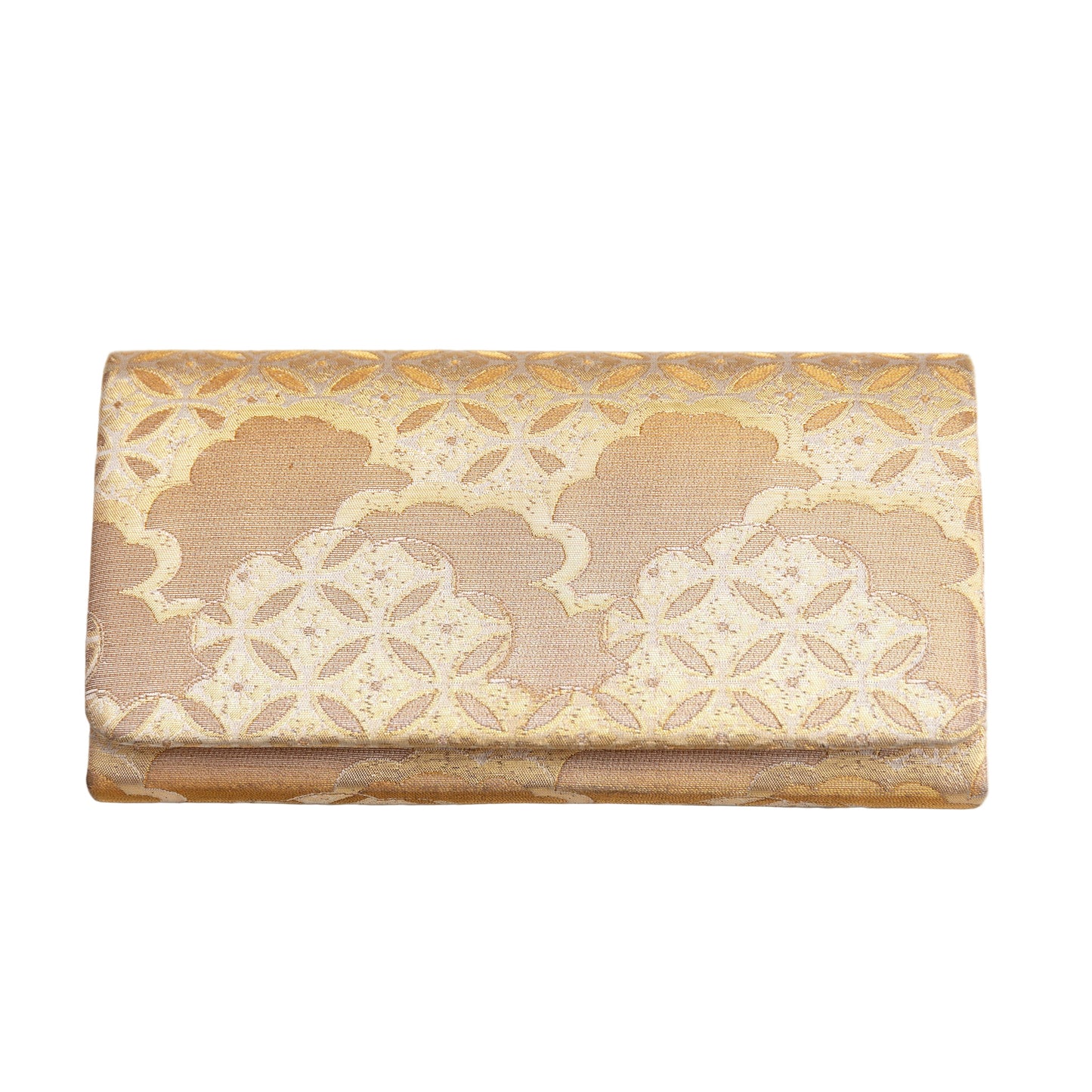 Decorative gold silk clutch bag with shippo and cloud patterns on a white background