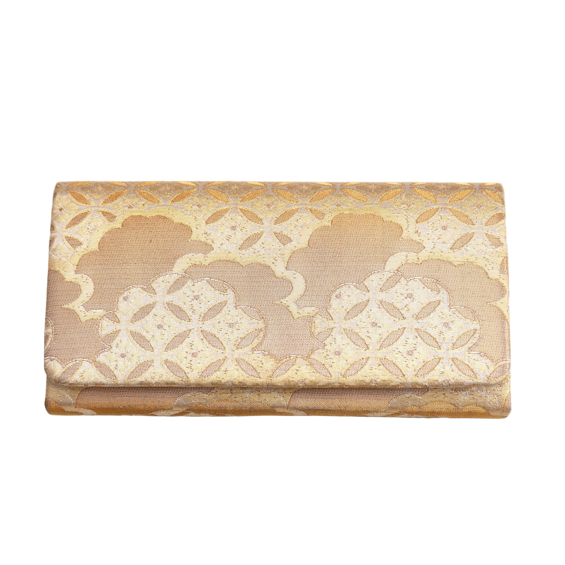Decorative gold silk clutch bag with shippo and cloud patterns on a white background
