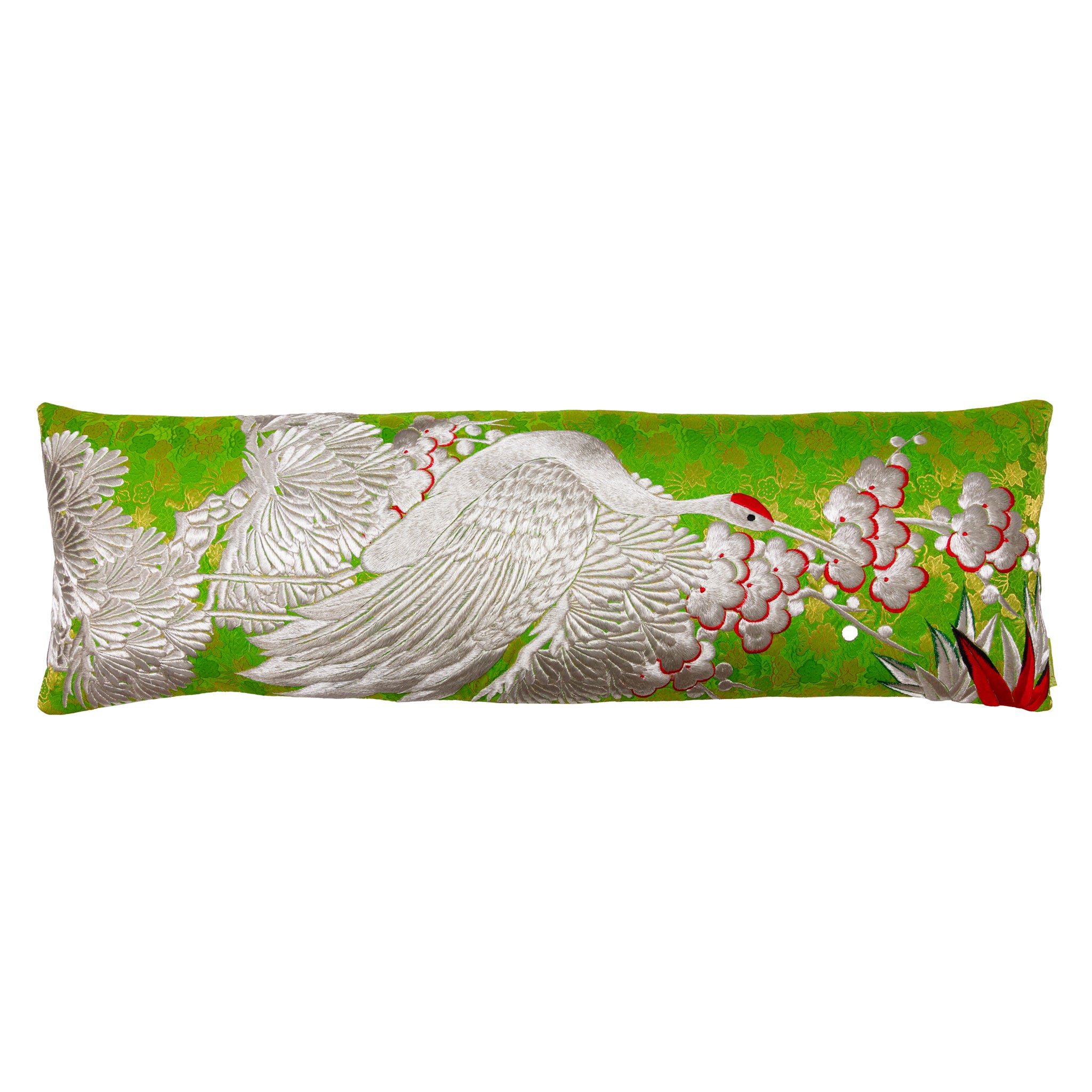 Green bolster cushion crafted from silver crane kimono silk, featuring intricate embroidery and traditional Uchikake textile