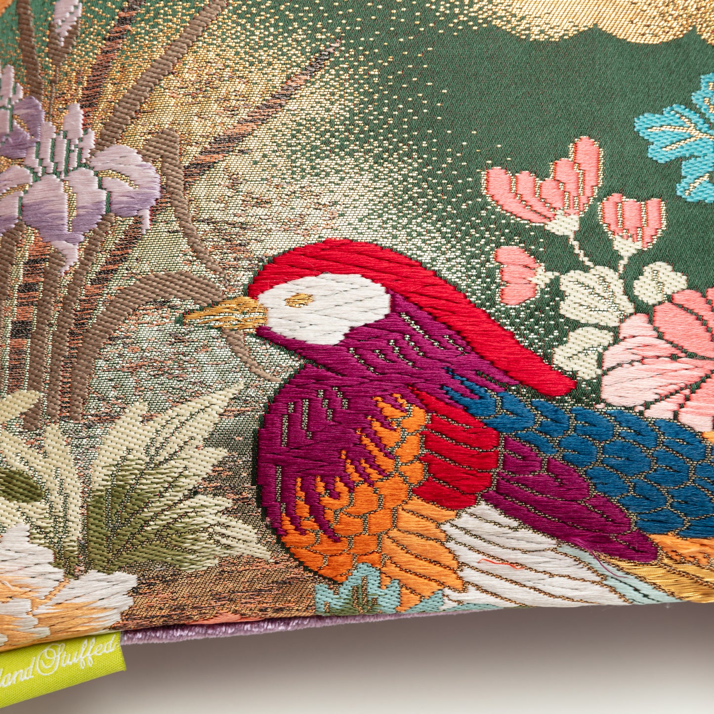 Japanese pheasant pillow in gold and green silk