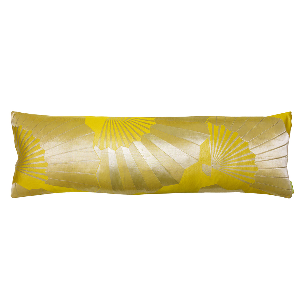 Long Kimono Bolster Pillow in Chartreuse silk with gold fan pattern, Chantilly satin back, Hunted and Stuffed brand