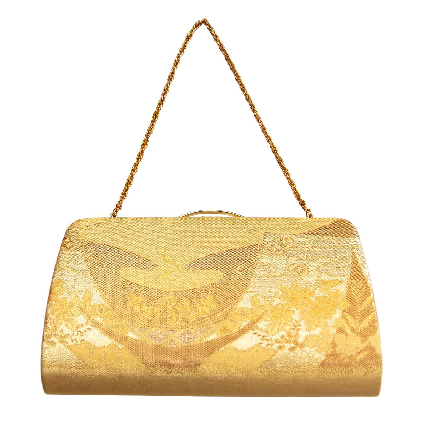 Gold metallic silk Japanese clutch bag with floral patterns on a white background