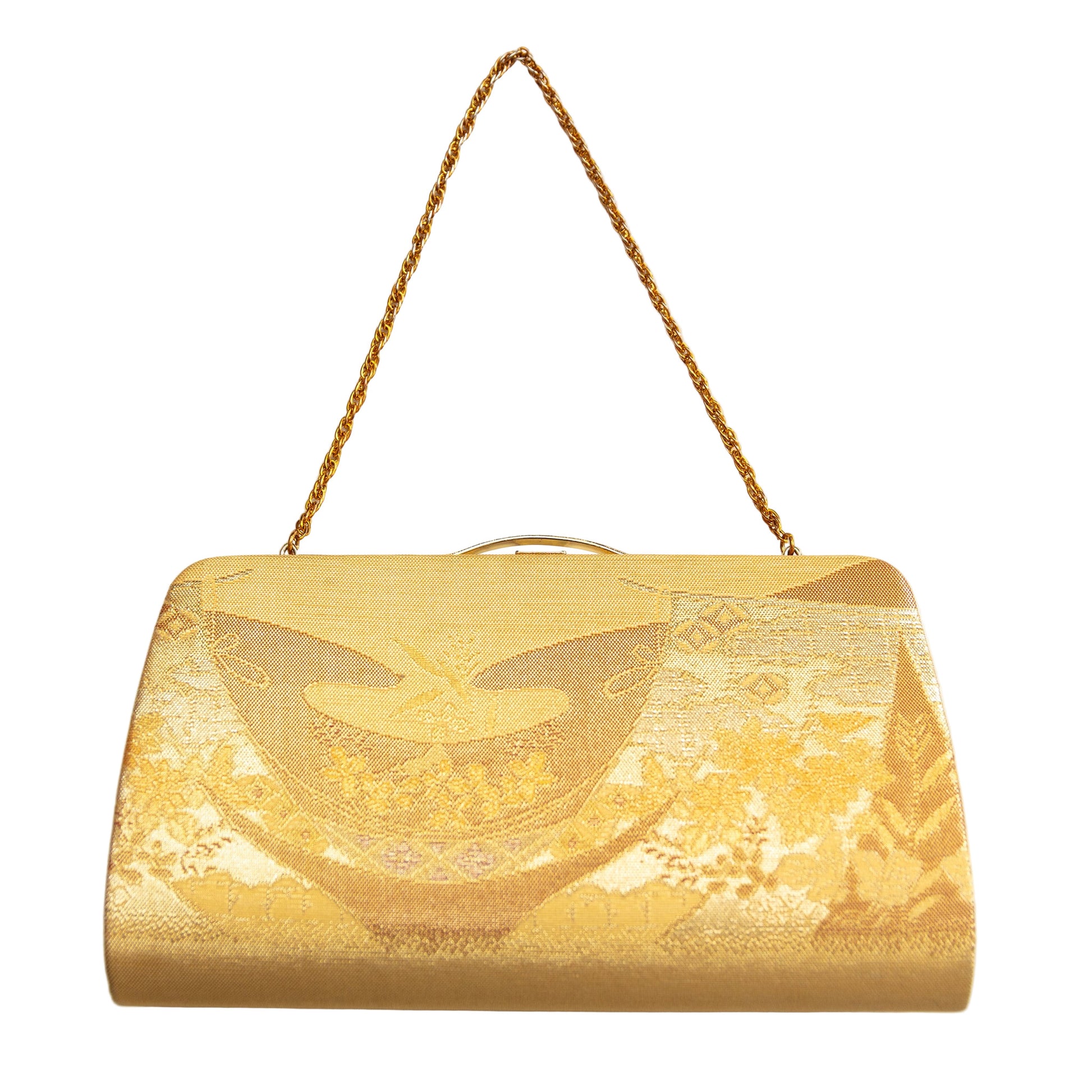 Gold metallic silk Japanese clutch bag with floral patterns on a white background