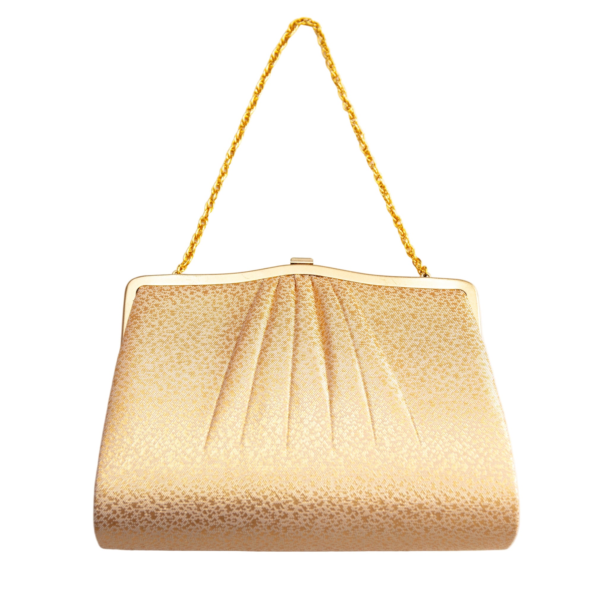 Close-up of the gold silk fabric’s intricate Japanese floral embroidery along the clutch’s edge, highlighting detailed