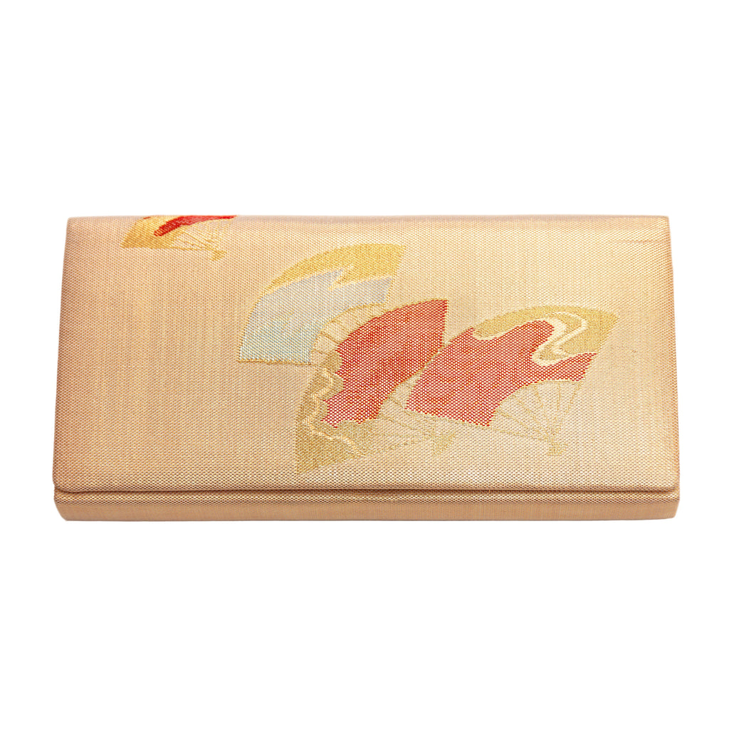 Vintage Japanese silk clutch bag featuring orange fan motifs on a gold satin background, crafted by Hunted and Stuffed