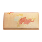 Vintage Japanese silk clutch bag featuring orange fan motifs on a gold satin background, crafted by Hunted and Stuffed