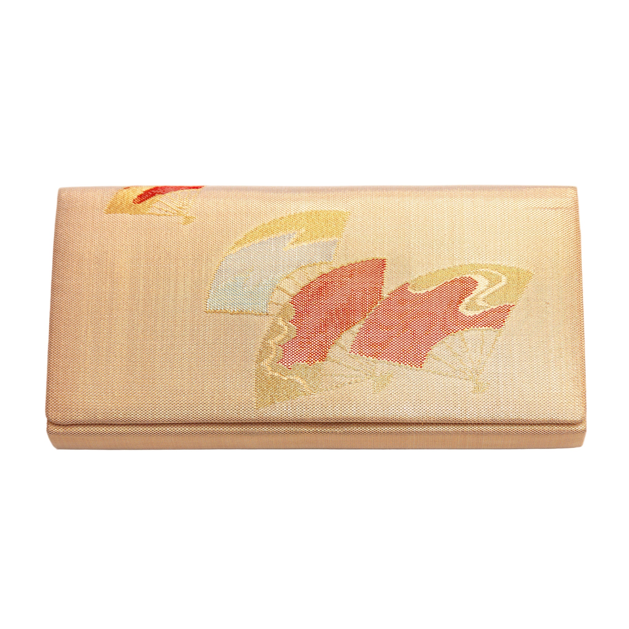 Vintage Japanese silk clutch bag featuring orange fan motifs on a gold satin background, crafted by Hunted and Stuffed