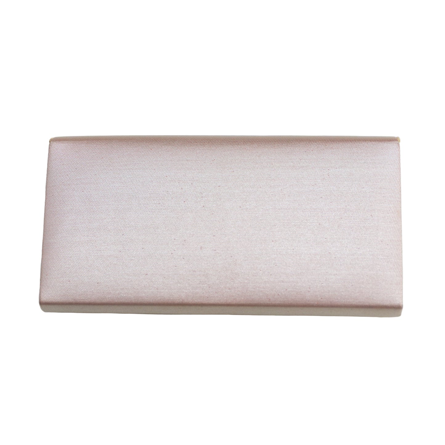 Metallic pink clutch bag, rear view, on a white background.