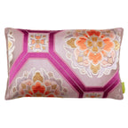 Hunted and Stuffed metallic pink silk Obi pillow with mauve-orange floral accents, rectangular shape, textured silk surface