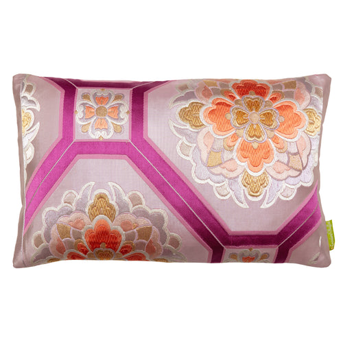 Hunted and Stuffed metallic pink silk Obi pillow with mauve-orange floral accents, rectangular shape, textured silk surface