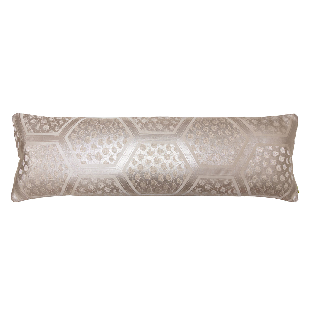 Hunted and Stuffed metallic silver long bolster pillow with Japanese kimono silk cover and oyster velvet back, 24 inches
