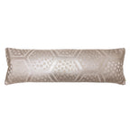 Hunted and Stuffed metallic silver long bolster pillow with Japanese kimono silk cover and oyster velvet back, 24 inches