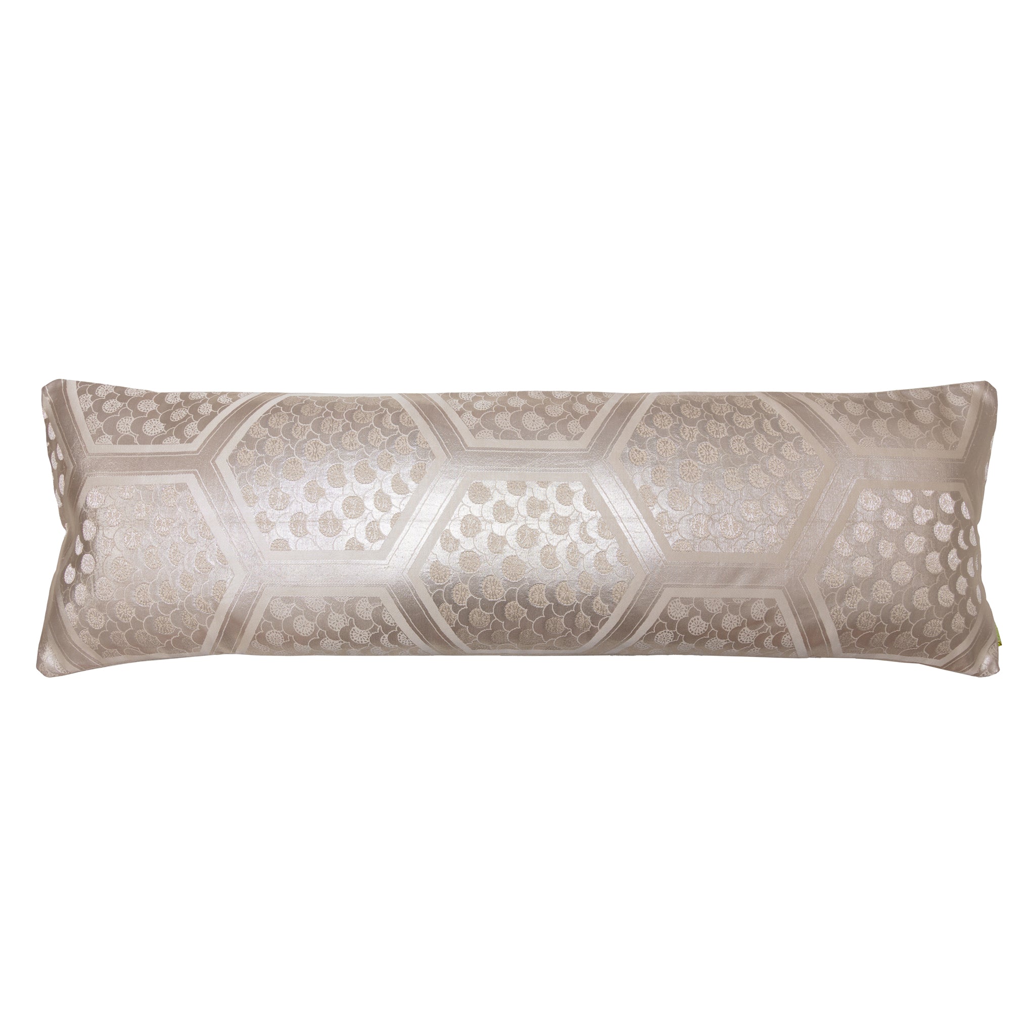 Hunted and Stuffed metallic silver long bolster pillow with Japanese kimono silk cover and oyster velvet back, 24 inches