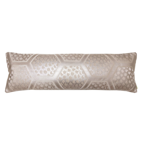 Hunted and Stuffed metallic silver long bolster pillow with Japanese kimono silk cover and oyster velvet back, 24 inches