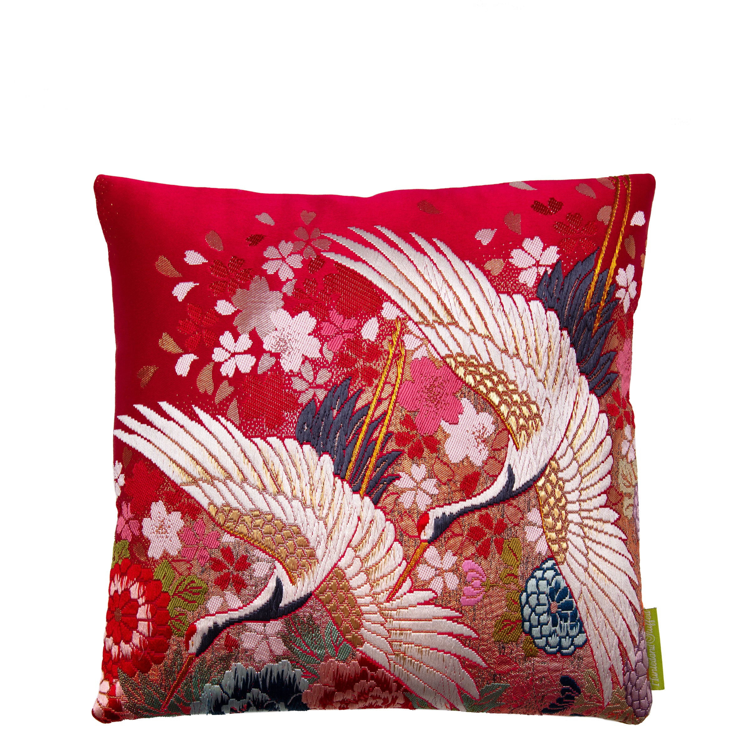 Front of a pair of cranes (Tsuru) vintage Japanese uchikake silk cushion cover, 12 inch square.