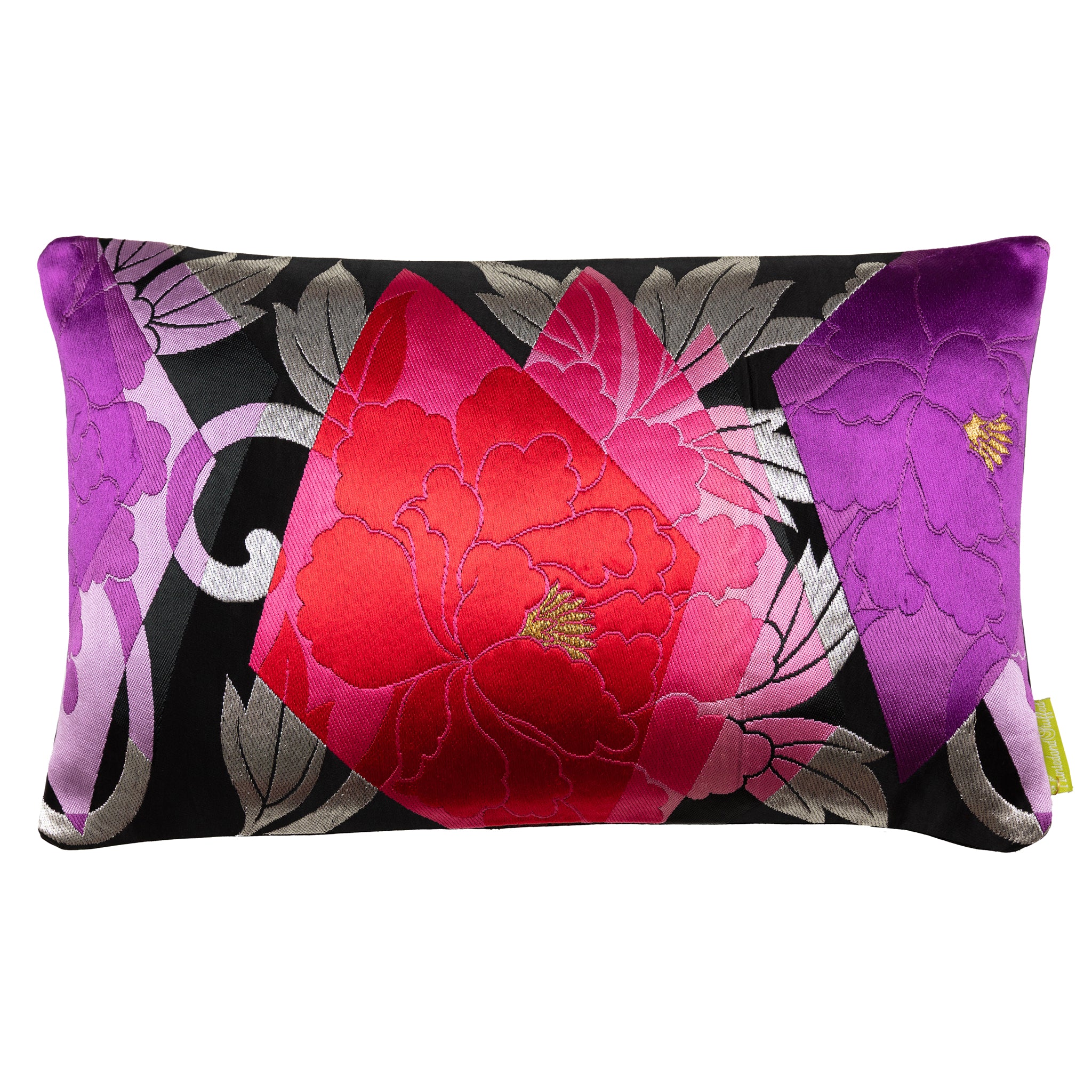 Pink and black silk obi cushion with vintage-inspired textile pattern, 16x16 inches, handcrafted by Hunted and Stuffed