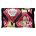 Pink kimono-shaped Obi cushion with black silk fabric and gold embroidered accents, 18x12 inches, by Hunted and Stuffed
