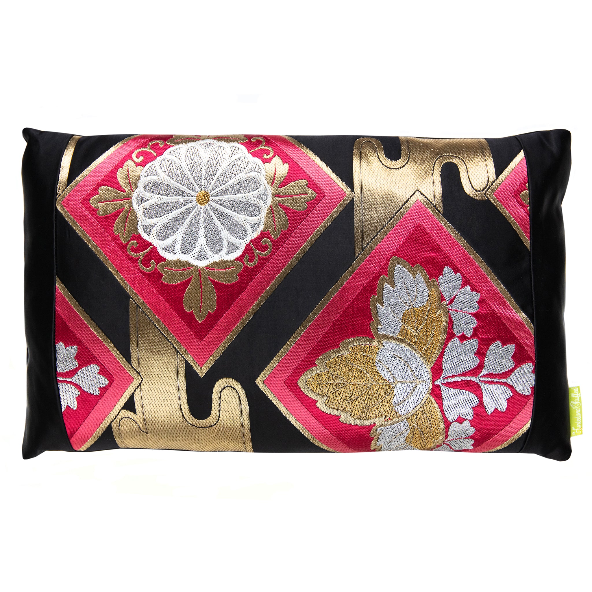 Pink kimono-shaped Obi cushion with black silk fabric and gold embroidered accents, 18x12 inches, by Hunted and Stuffed
