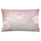 Pink ombre silk obi cushion with silver hanabishi floral hexagon patterns, soft textured fabric, measures approximately