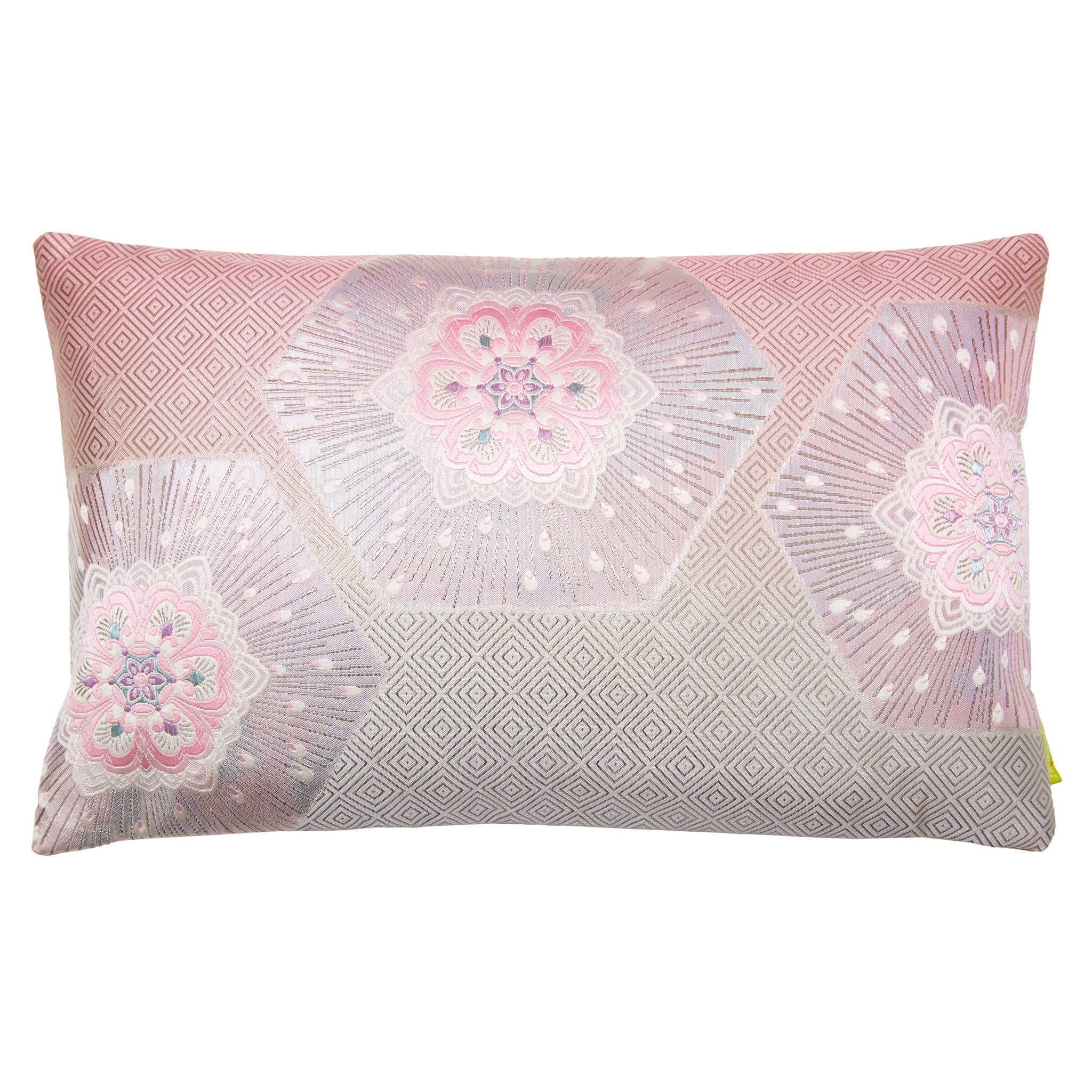 Pink ombre silk obi cushion with silver hanabishi floral hexagon patterns, soft textured fabric, measures approximately