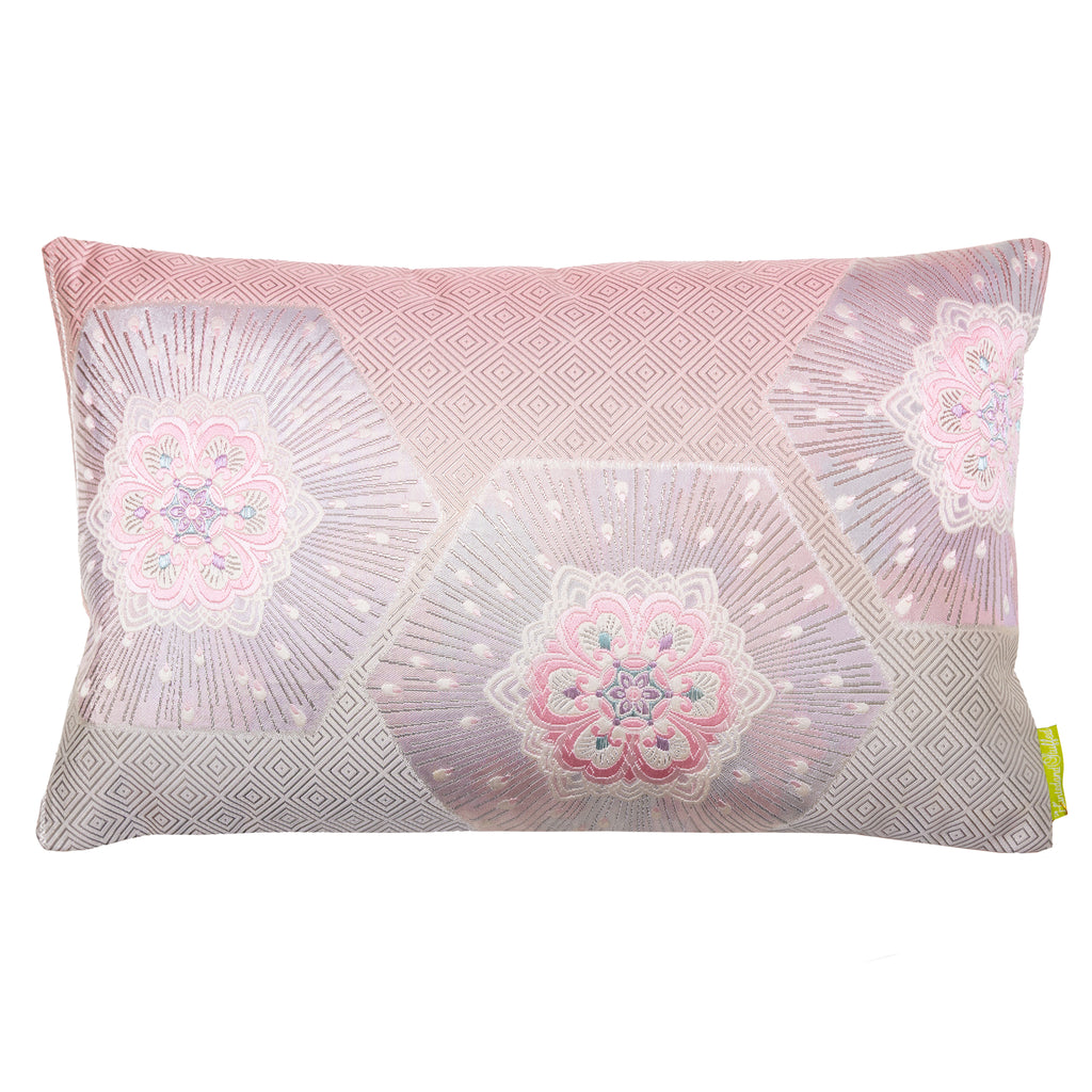 Pink ombre silk obi cushion with silver floral hexagon and stripe patterns, textured fabric from Hunted and Stuffed