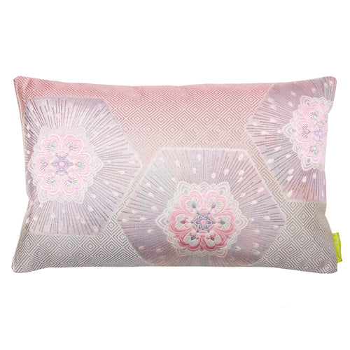 Pink ombre silk obi cushion with silver floral hexagon and stripe patterns, textured fabric from Hunted and Stuffed