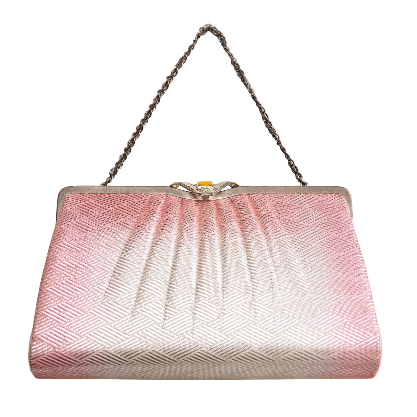 Pink and silver clutch bag with a chain strap on a white background