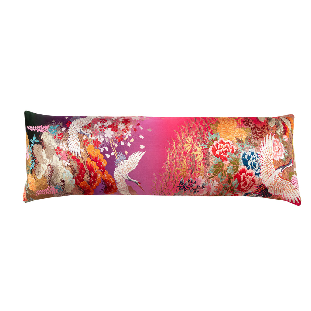 Pink ombre kimono bolster cushion with embroidered cranes and flowers, purple velvet base, Hunted and Stuffed brand, 20x6