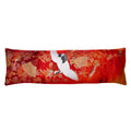 Red kimono-style bolster pillow with gold fan and crane embroidery, 24-inch long, soft cotton fabric, Hunted and Stuffed
