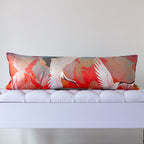 Red metallic silk kimono bolster cushion featuring cranes in flight, crafted from vintage Japanese silk
