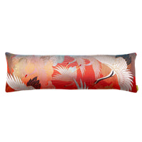 Long bolster pillow made from vintage kimono silk. White flying embroidered cranes over a striped red background.