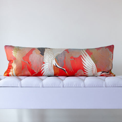 Red silk kimono bolster cushion featuring gold and white cranes, crafted from vintage Japanese silk