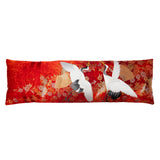 Red silk kimono cushion bolster with flying crane pair by Hunted and Stuffed, London.