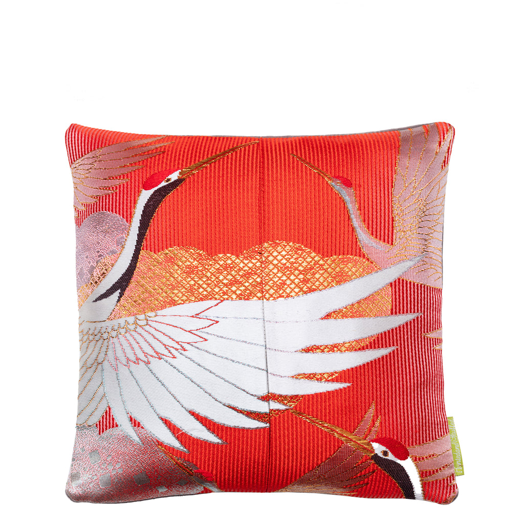 Red striped crane toss pillow with taupe velvet cover, 12-inch square Obi Cushion by Hunted and Stuffed