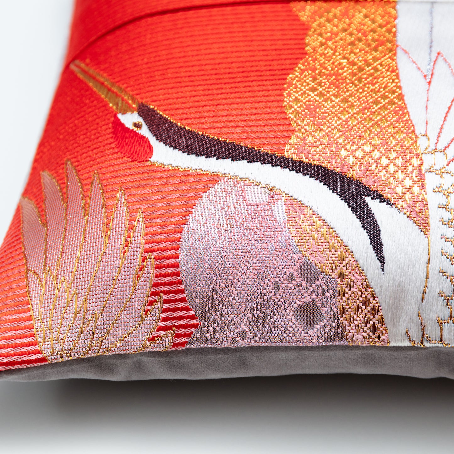Red striped silk pillow with crane and clouds woven pattern, upcycled vinatge kimono silk pillow.