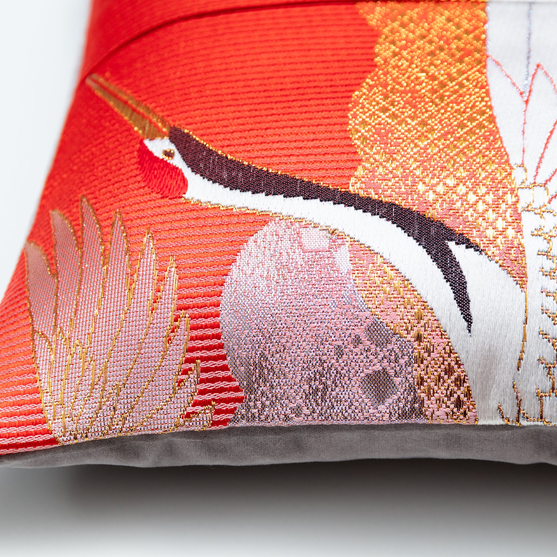 Red striped silk pillow with crane and clouds woven pattern, upcycled vinatge kimono silk pillow.
