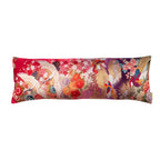 Red gold silk kimono bolster cushion featuring embroidered flying cranes and purple velvet edges by Hunted and Stuffed