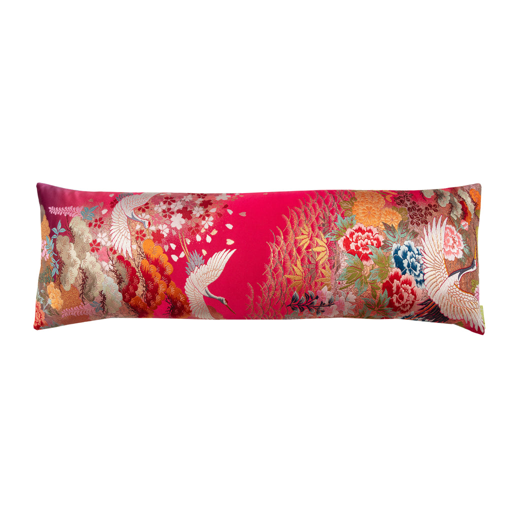 Red Kimono-style bolster pillow with cranes and flowers embroidery on lilac velvet, Hunted and Stuffed brand, 20-inch length