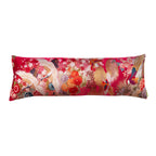 Hunted and Stuffed long bolster pillow with red and gold cranes, purple velvet fabric, 24-inch length, textured embroidered