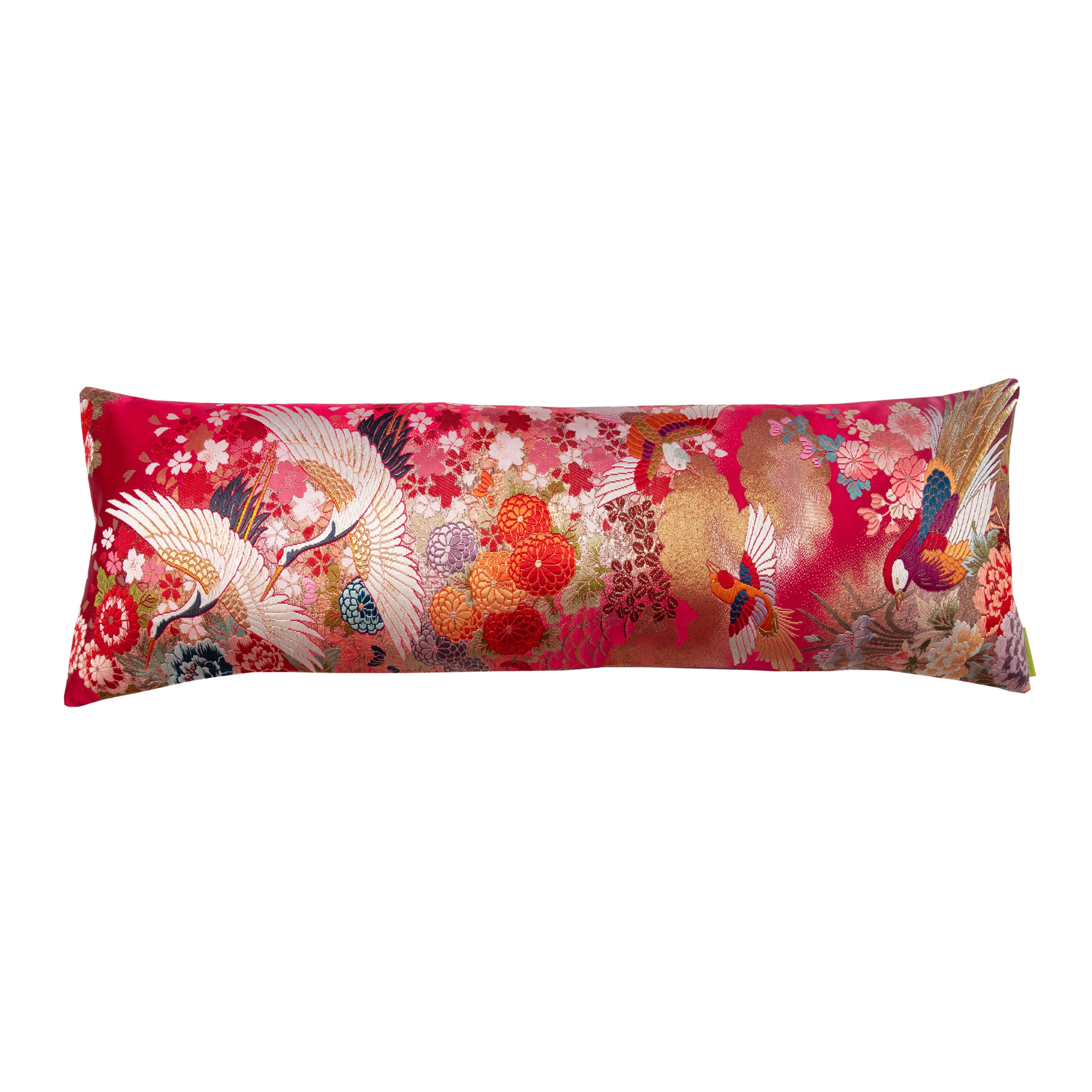Hunted and Stuffed long bolster pillow with red and gold cranes, purple velvet fabric, 24-inch length, textured embroidered