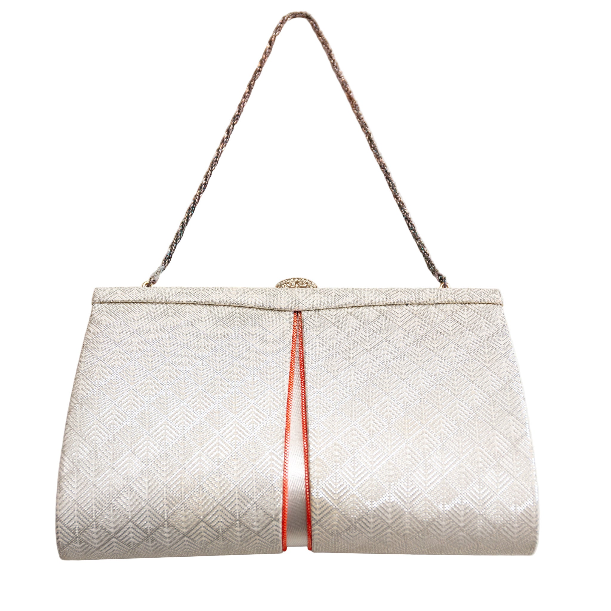 Silver silk clutch modeled after vintage Japanese kimono fabric with orange accents, crafted by Hunted and Stuffed in a