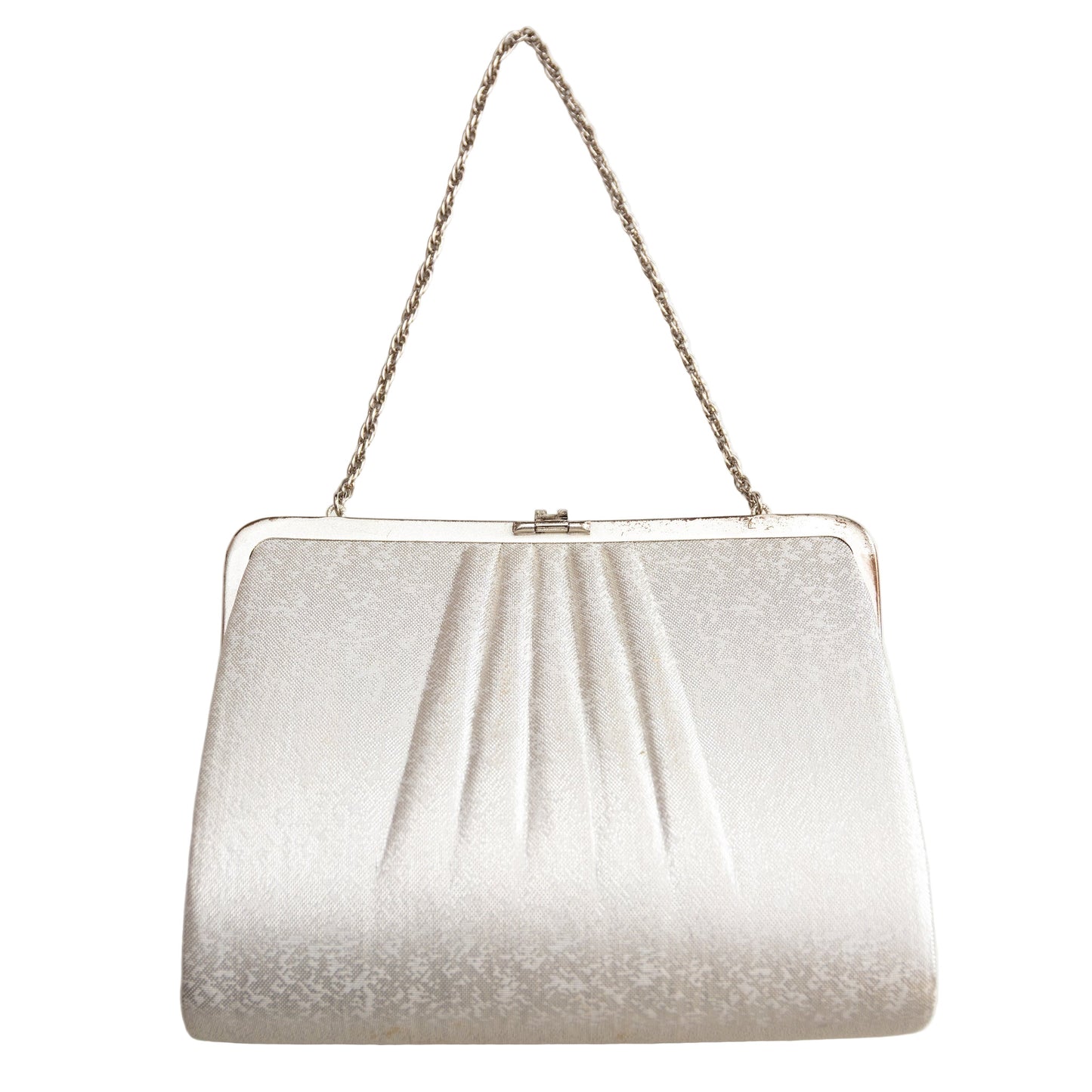 Silver glittery handbag with a chain strap on a white background
