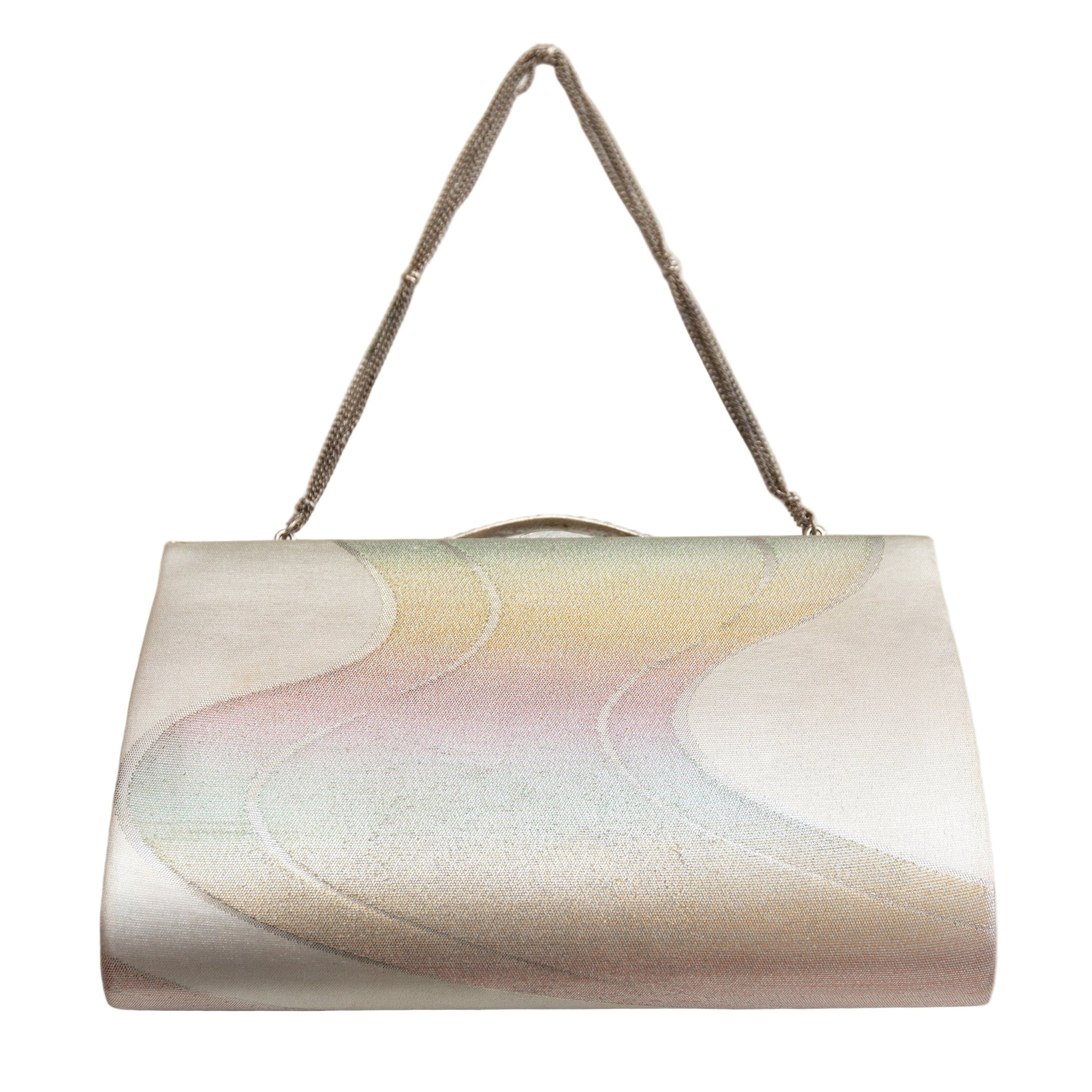 Rainbow river-patterned vintage Japanese silk handbag with a rsilver metal ope handle on a white background