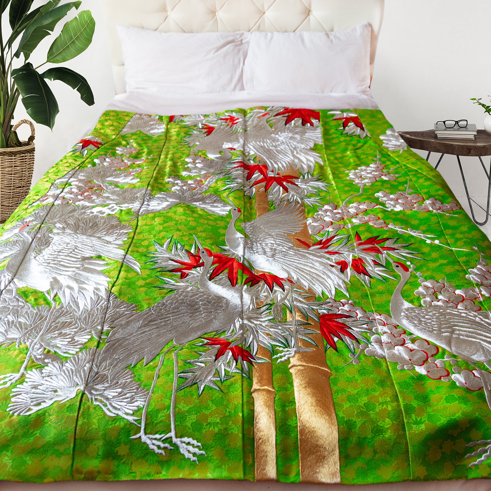 Vintage silk kimono-inspired throw with embroidered floral motifs, upcycled luxury fabric, 50x70 inches, handcrafted by