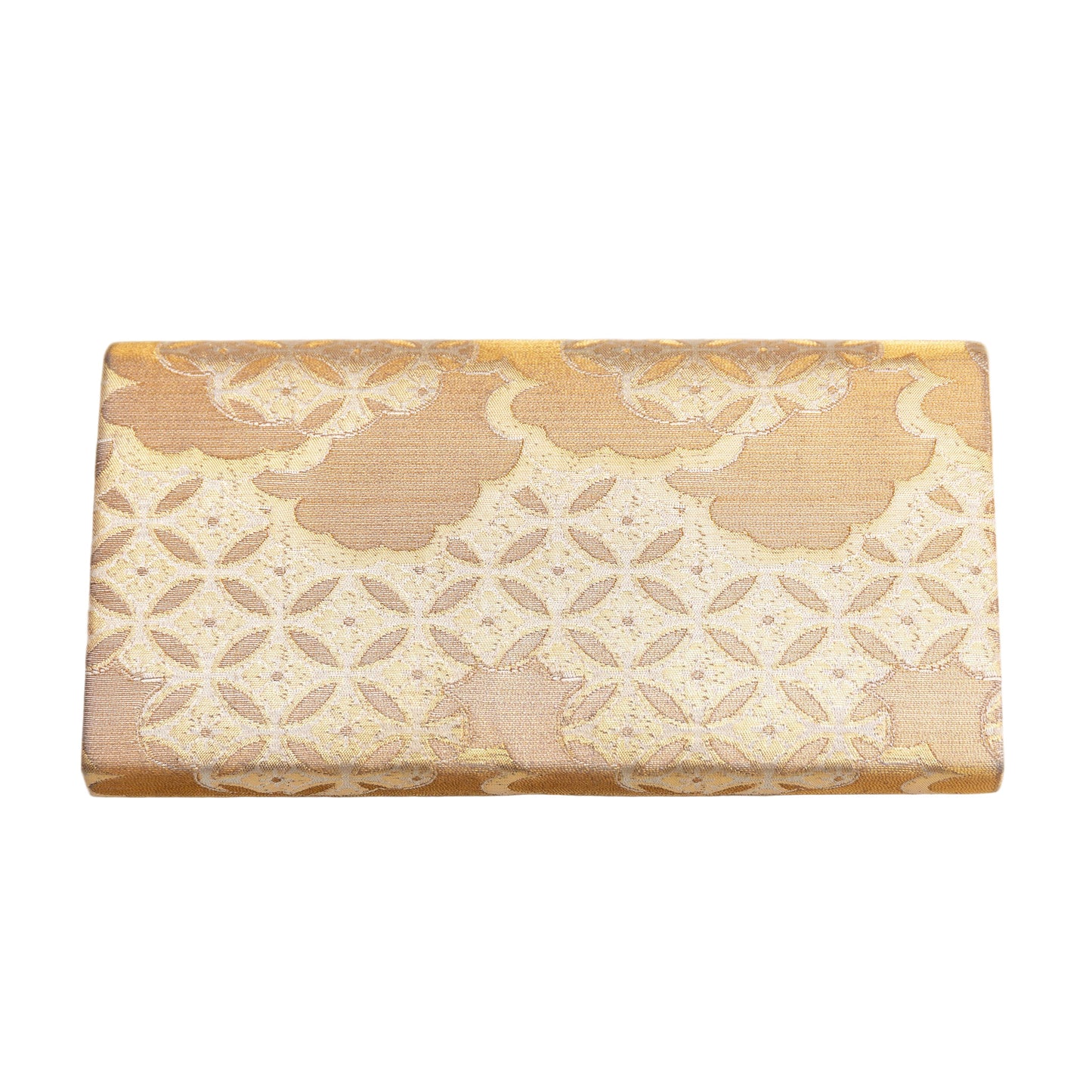 View showing the back of the gold clutch bag, vintage Japanese 1970s envelope clutch on white background.