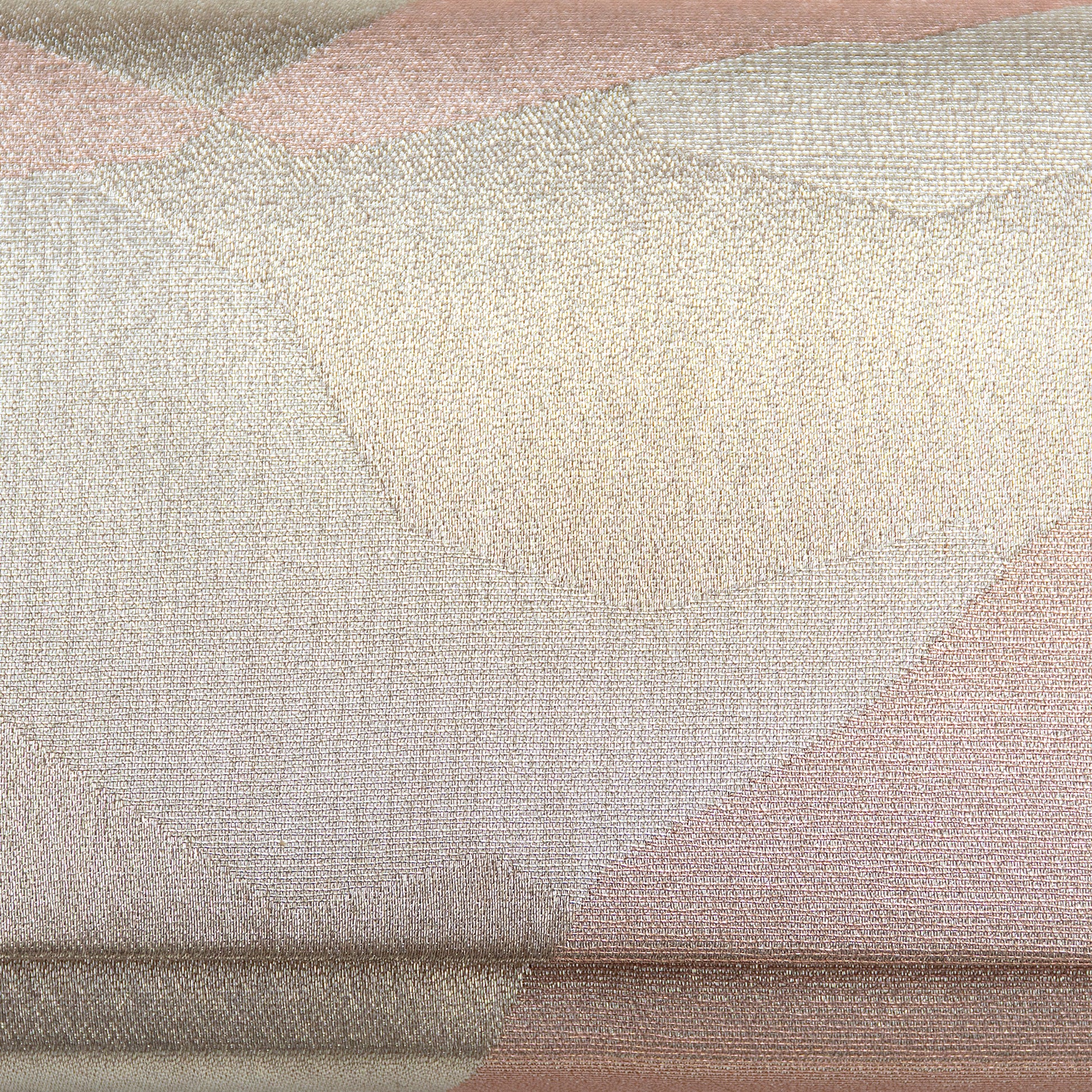 Close-up of textured fabric with geometric pattern in pink and silver tones, detail of the abstract design on the front of the vintage silk clutch bag.